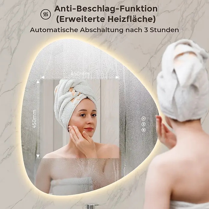 S'AFIELINA Lichtspiegel Apex - 80 x 90 cm, Leuchtmittel - Beleuchteter Anti-Beschlag-Badezimmerspiegel, zeigt klares Frauenbild in 450x450mm Heizfläche, Rest beschlagen.