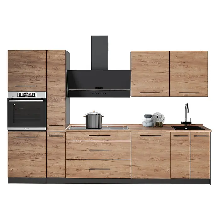 Vicco Küchenzeile - Goldkraft Eiche, Ohne Elektrogeräte - Moderne Küche mit hellen Holzfronten, integriertem schwarzen Backofen, Kochfeld, Spüle und Dunstabzugshaube.