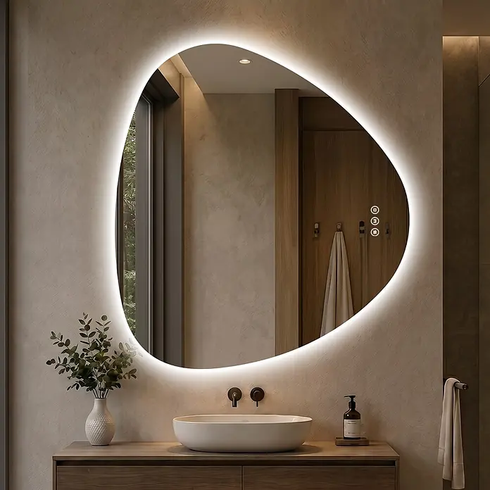 S'AFIELINA Lichtspiegel Apex - 80 x 90 cm, Leuchtmittel - Organisch geformter, LED-hinterleuchteter Spiegel über einem modernen Waschtisch im Badezimmer.