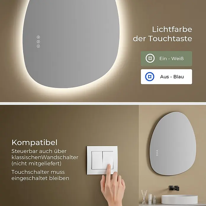 S'AFIELINA Lichtspiegel Forma - 60 x 45 cm, Leuchtmittel - Rahmenloser, hinterleuchteter LED-Spiegel mit Touch-Bedienung. Taste leuchtet weiß (ein) oder blau (aus). Mit Wandschalter nutzbar, wenn Spiegeltaste aktiv bleibt.