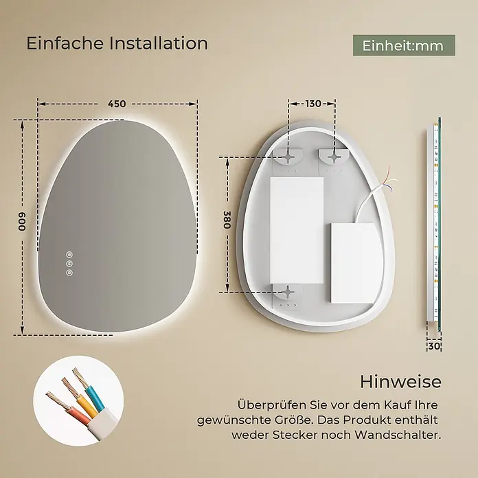 S'AFIELINA Lichtspiegel Forma - 60 x 45 cm, Leuchtmittel - Kieselsteinförmiger LED-Spiegel (450x600mm) mit Maßangaben, Front- und Rückansicht mit Verkabelung und Montagendetails.