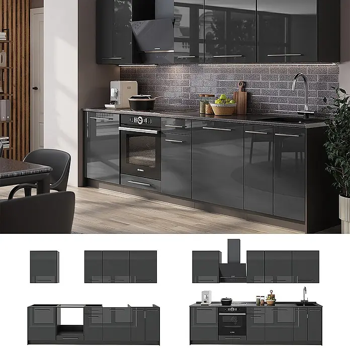 Vicco Küchenzeile - Anthrazit Hochglanz, Ohne Elektrogeräte - Moderne dunkelgraue Hochglanz-Küchenzeile mit Backofen, Spüle und Dunstabzugshaube, in einer vollständigen Küche.