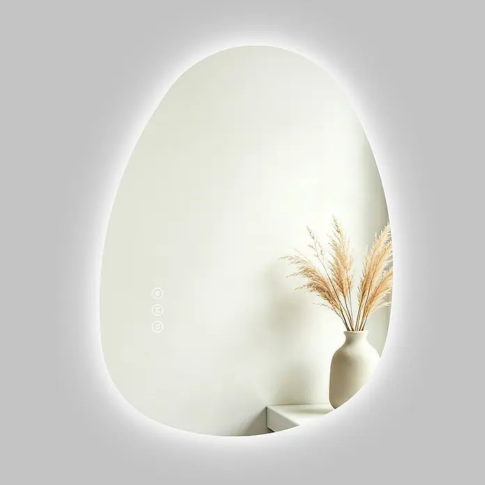 S'AFIELINA Lichtspiegel Forma - 60 x 45 cm, Leuchtmittel - Unregelmäßiger LED-Spiegel mit Hintergrundbeleuchtung und Touch-Steuerung, reflektiert Vase mit Pampasgras.