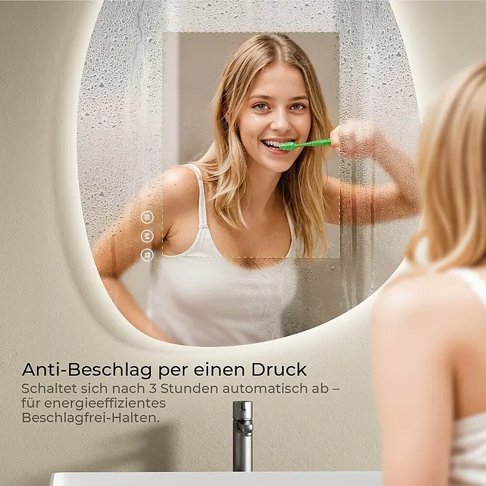 S'AFIELINA Lichtspiegel Forma - 60 x 45 cm, Leuchtmittel - Runder beleuchteter Spiegel mit Antibeschlagfunktion, zeigt klare Reflexion einer Frau beim Zähneputzen im Dampf.