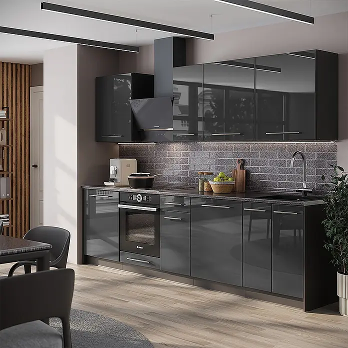 Vicco Küchenzeile - Anthrazit Hochglanz, Ohne Elektrogeräte - Elegante, dunkelgraue Hochglanzküche mit integriertem Backofen, Kochfeld, Spüle und Dunstabzugshaube sowie viel Stauraum.