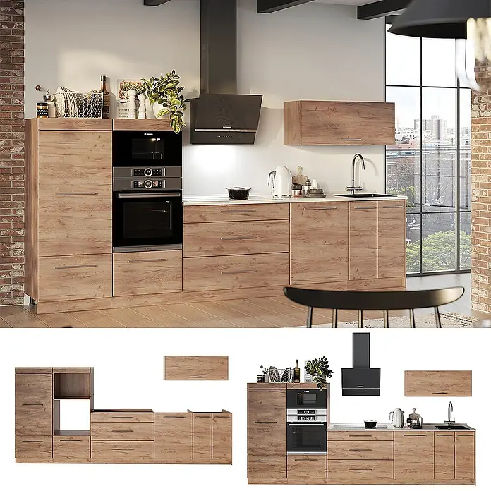 Vicco Küchenzeile - Breite: 340 cm, Goldkraft Eiche, Ohne Elektrogeräte - Moderne Küchenmöbel-Set in heller Eichenholzoptik mit integriertem Ofen, Kochfeld und Spüle in einem zeitgenössischen Stadtambiente.
