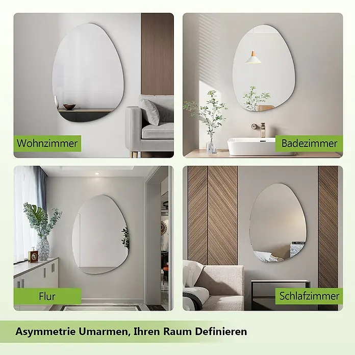 S'AFIELINA Wandspiegel Forma Pure 750 × 550 mm - 75 x 55 cm - Asymmetrischer Spiegel in organischer Form, präsentiert in Wohnzimmer, Bad, Flur und Schlafzimmer, der seine vielseitige Gestaltung unterstreicht.