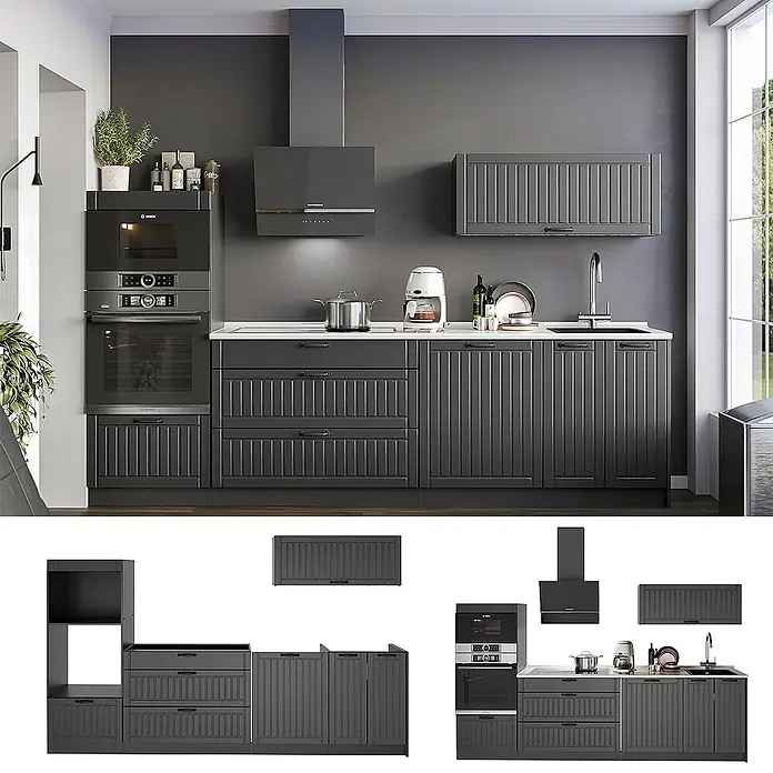 Vicco Küchenzeile - Breite: 280 cm, Dunkelgrau, Ohne Elektrogeräte - Dunkelgraue Küche mit geriffelten Schrankfronten, integriertem Backofen, Mikrowelle und Kochfeld, in einem modernen Wohnambiente.
