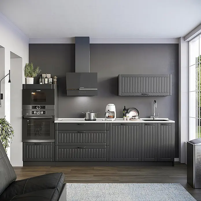 Vicco Küchenzeile - Breite: 280 cm, Dunkelgrau, Ohne Elektrogeräte - Moderne dunkelgraue Küche mit gerillten Schränken, integriertem Ofen, Mikrowelle und Dunstabzugshaube.