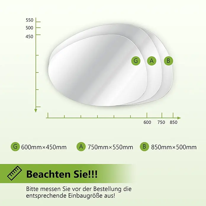 S'AFIELINA Wandspiegel Forma Pure 750 × 550 mm - 75 x 55 cm - Drei ovale Spiegel in verschiedenen Größen mit angegebenen Abmessungen.