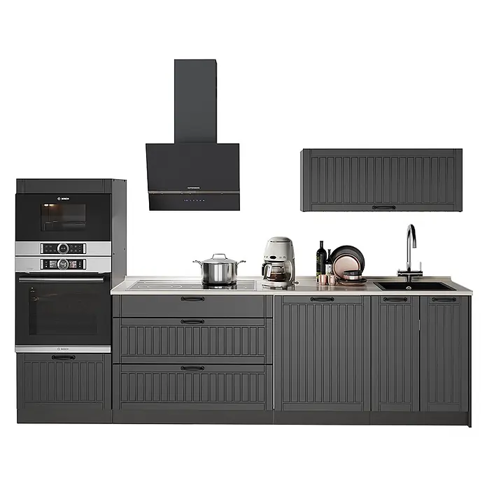 Vicco Küchenzeile - Breite: 280 cm, Dunkelgrau, Ohne Elektrogeräte - Dunkelgraues modulares Küchenset mit integrierten Geräten, inkl. Ofen, Kochfeld, Spüle und Dunstabzugshaube.
