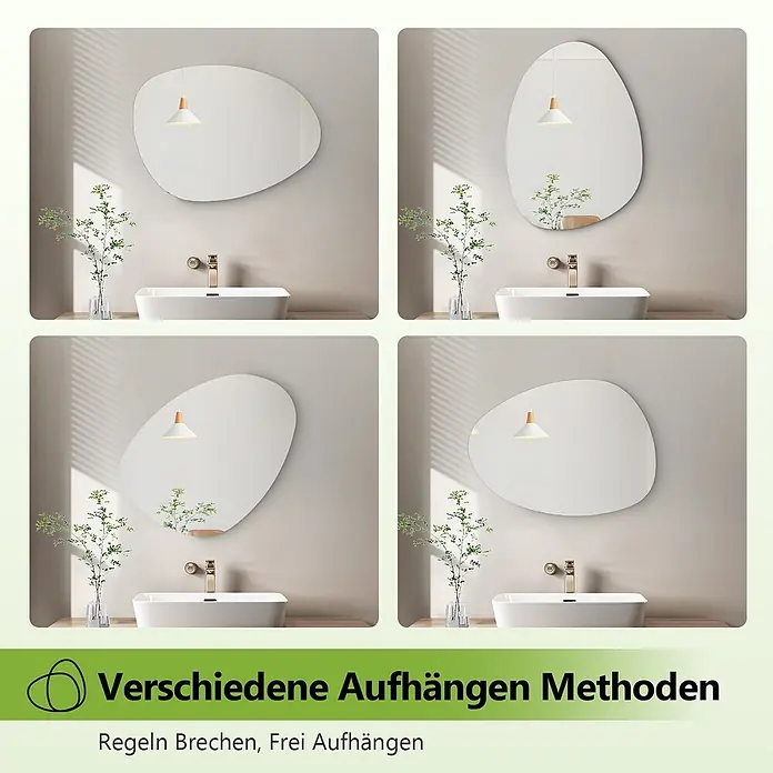 S'AFIELINA Wandspiegel Forma Pure 750 × 550 mm - 75 x 55 cm - Organisch geformter Spiegel in vier Ausrichtungen über einem Waschbecken, zeigt vielseitige Aufhängung.