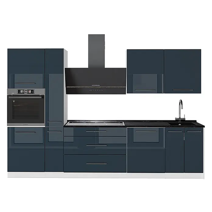 Vicco Küchenzeile - Dunkelblau Hochglanz, Ohne Elektrogeräte - Tiefblaue glänzende Modulküche mit integriertem Backofen, Kochfeld, Spüle, Wasserhahn und schwarzer Dunstabzugshaube.