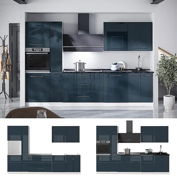 Vicco Küchenzeile - Breite: 310 cm, Dunkelblau Hochglanz, Ohne Elektrogeräte - Moderne, hochglänzende, dunkelblaue Küche mit integriertem Backofen, Kochfeld, Dunstabzugshaube und Spüle.