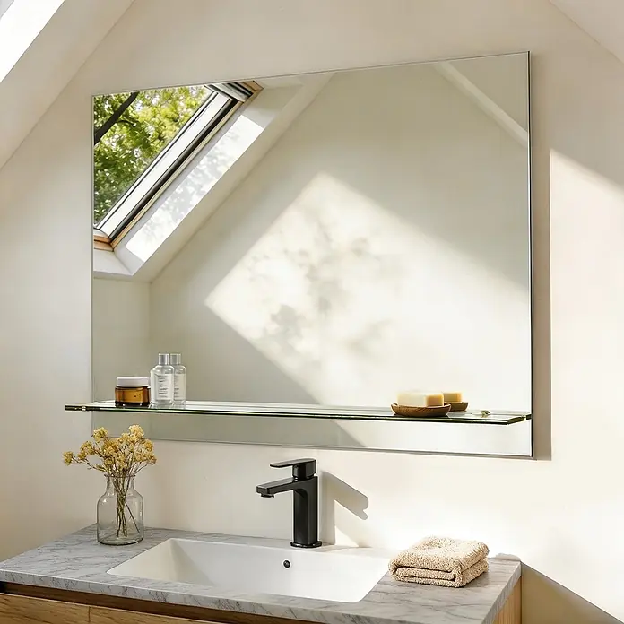 S'AFIELINA Ablagespiegel Linear - 80 cm x 10 mm x 60 cm - Großformatiger rechteckiger Badezimmerspiegel mit integrierter Glasablage, über einem Waschbecken mit Armatur und Toilettenartikeln, reflektiert ein Dachfenster.
