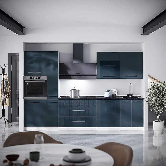 Vicco Küchenzeile - Breite: 310 cm, Dunkelblau Hochglanz, Ohne Elektrogeräte - Moderne Küche mit glänzenden dunkelblauen Schränken, integriertem Backofen und schwarzer Arbeitsplatte.