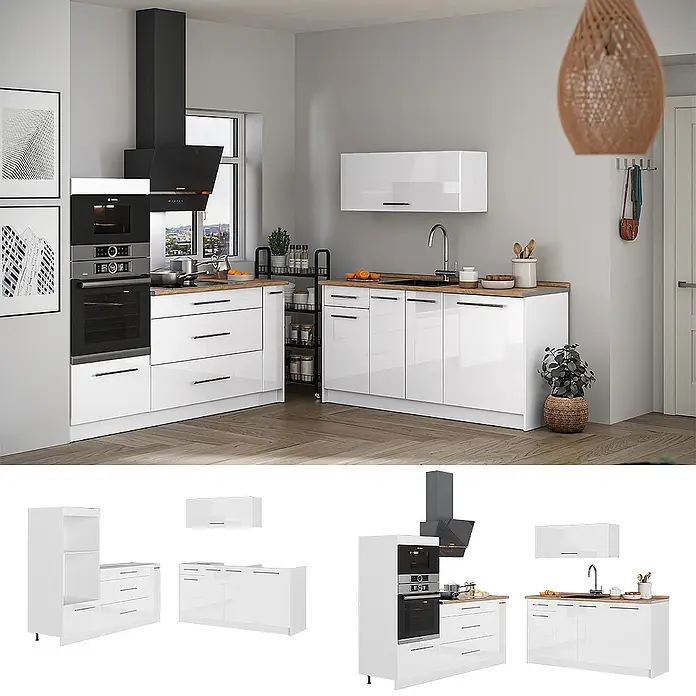 Vicco Küchenzeile - Breite: 340 cm, Weiß Hochglanz, Ohne Elektrogeräte - Weiße Hochglanz L-Küche mit Holz-Arbeitsplatte, integriertem Ofen, Mikrowelle und Dunstabzugshaube im modernen Ambiente.