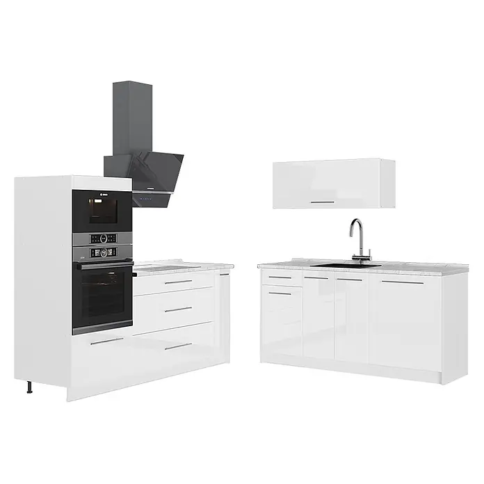 Vicco Küchenzeile - Breite: 340 cm, Weiß Hochglanz, Ohne Elektrogeräte - Weißes Hochglanz-Modulküchenset mit Einbauöfen, Dunstabzugshaube, Spüle und Arbeitsplatten in Marmoroptik.