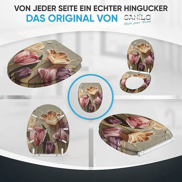 SANILO WC-Sitz Tulpen mit Schnellverschluss - MDF, Beige, Gelb, Rosa, Mit Absenkautomatik - Eleganter Toilettensitz mit malerischem Blumenmuster aus rosa, orangefarbenen und violetten Tulpen, aus verschiedenen Blickwinkeln gezeigt.