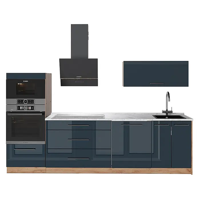 Vicco Küchenzeile - Dunkelblau Hochglanz, Ohne Elektrogeräte - Moderne dunkelblaue Küche mit integrierten Bosch-Geräten, Induktionskochfeld, Spüle und Kuppersberg Dunstabzugshaube, glänzende Schränke, Holzsockel.