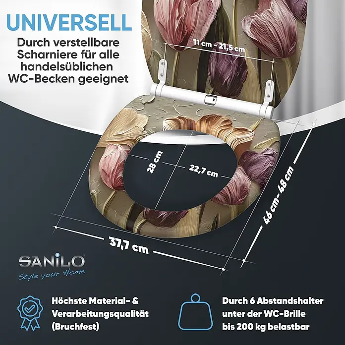 SANILO WC-Sitz Tulpen mit Schnellverschluss - MDF, Beige, Gelb, Rosa, Mit Absenkautomatik - Gemusterter Toilettensitz mit verstellbaren Scharnieren und Maßen.