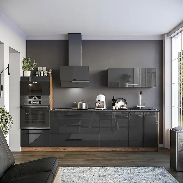 Vicco Küchenzeile - Breite: 280 cm, Anthrazit Hochglanz, Ohne Elektrogeräte - Eine moderne Küche mit glänzenden dunkelgrauen Schränken und integrierten Bosch-Geräten, inklusive Kochfeld, Backofen und Spüle.