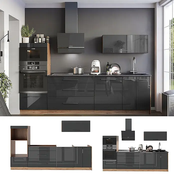 Vicco Küchenzeile - Breite: 280 cm, Anthrazit Hochglanz, Ohne Elektrogeräte - Moderne hochglänzende Küche in Anthrazitgrau mit integrierten Geräten und Holzakzenten.