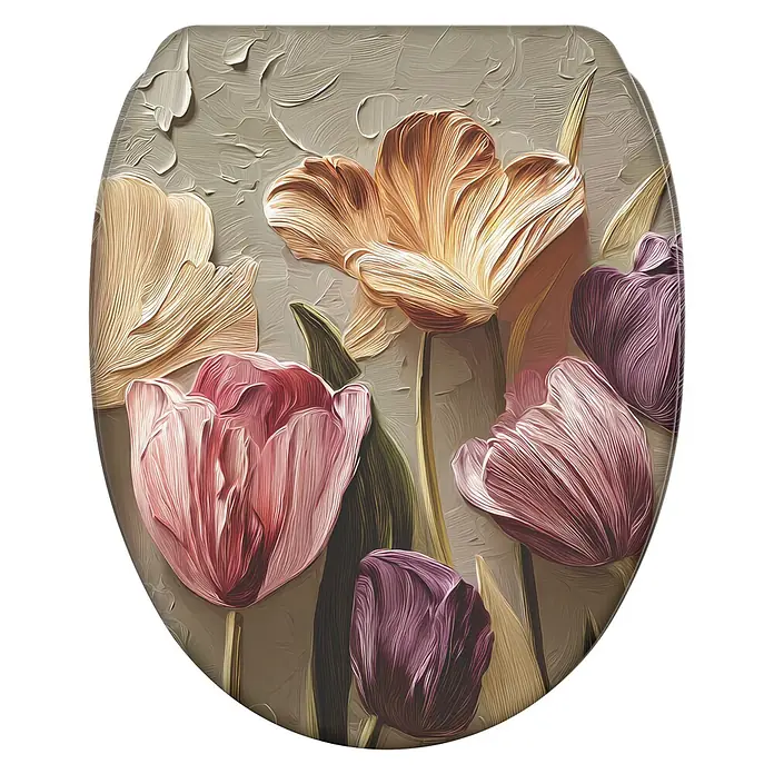SANILO WC-Sitz Tulpen mit Schnellverschluss - MDF, Beige, Gelb, Rosa, Mit Absenkautomatik - Toilettensitz mit strukturiertem, impasto-artigem Gemälde von rosa, lila und orangefarbenen Tulpen auf grauem Hintergrund.