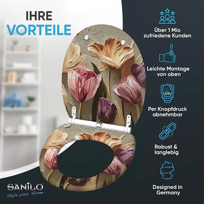 SANILO WC-Sitz Tulpen mit Schnellverschluss - MDF, Beige, Gelb, Rosa, Mit Absenkautomatik - Toilettensitz mit detailliertem Blumenmuster, Tulpen in Creme, Rosa und Lila.