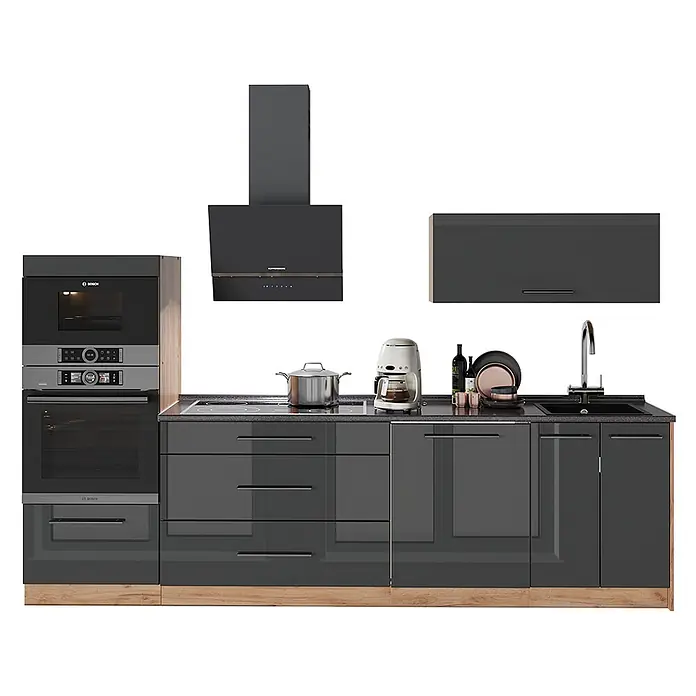 Vicco Küchenzeile - Breite: 280 cm, Anthrazit Hochglanz, Ohne Elektrogeräte - Moderne dunkelgraue Küche mit Hochglanzschränken, integrierten Bosch-Geräten, einer KUPPERSBUSCH-Dunstabzugshaube und Holzsockel.