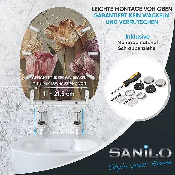 SANILO WC-Sitz Tulpen mit Schnellverschluss - MDF, Beige, Gelb, Rosa, Mit Absenkautomatik - Dekorativer WC-Sitz mit Blumenmuster, einfacher Top-Fix-Montage, verstellbarem Lochabstand (11-21,5 cm) und Montageset inklusive Schraubenzieher.
