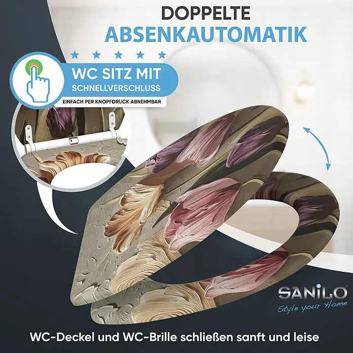 SANILO WC-Sitz Tulpen mit Schnellverschluss - MDF, Beige, Gelb, Rosa, Mit Absenkautomatik - WC-Sitz mit floralem Muster, doppelter Absenkautomatik und Schnellverschluss. Deckel und Brille schließen sanft.