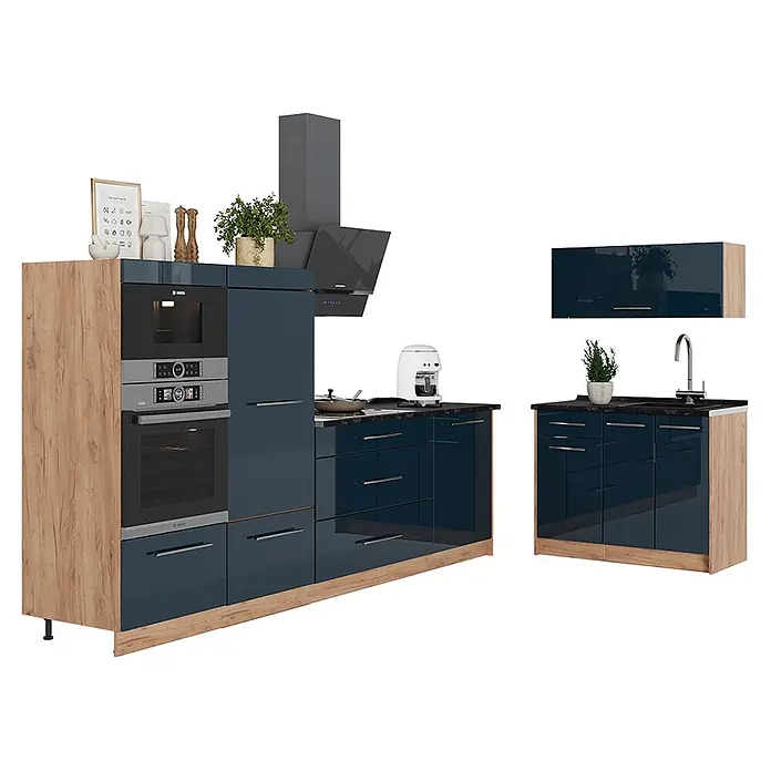 Vicco Küchenzeile - Dunkelblau Hochglanz, Ohne Elektrogeräte - Moderne modulare Küche mit dunkelblauen Hochglanzfronten und Holzoptik-Elementen, inklusive integrierter Geräte und Spülbecken.