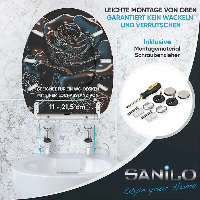 SANILO WC-Sitz Black Rose mit Schnellverschluss - MDF, Schwarz, Mit Absenkautomatik - Dunkler WC-Sitz mit Rosendekor, zeigt einfache Top-Montage und Zubehör für 11-21,5cm Lochabstand.