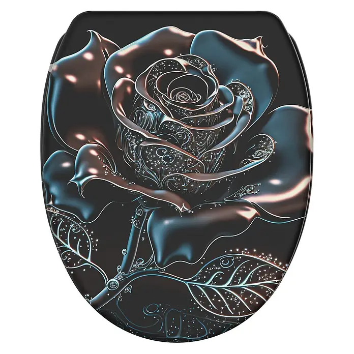 SANILO WC-Sitz Black Rose mit Schnellverschluss - MDF, Schwarz, Mit Absenkautomatik - Toilettensitzbezug mit dunklem, metallischem Rosendesign, aufwendig verziert mit glitzernden Akzenten.
