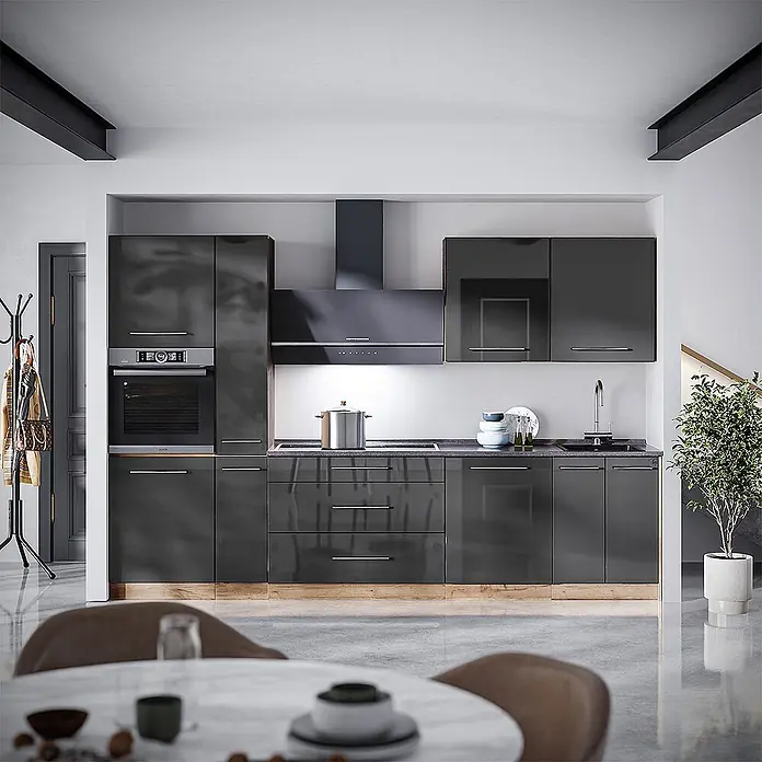 Vicco Küchenzeile - Anthrazit Hochglanz, Ohne Elektrogeräte - Moderne, dunkelgraue Hochglanzküchenzeile mit integriertem Backofen, Kochfeld und Spüle in einem zeitgenössischen Zuhause.