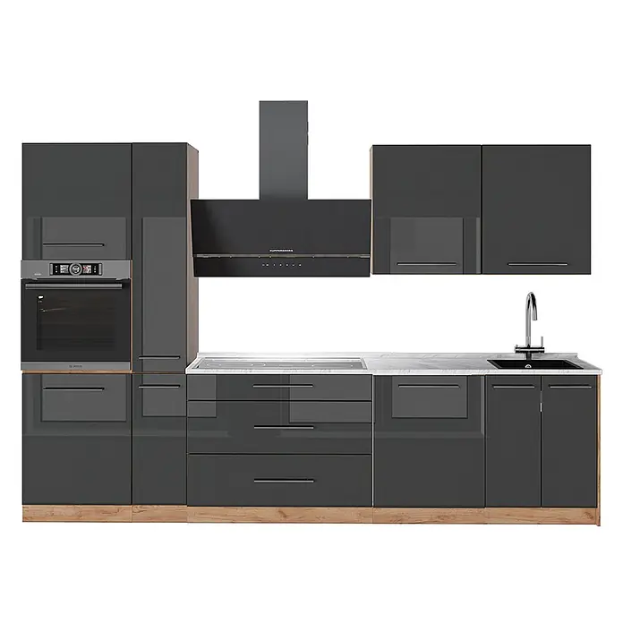 Vicco Küchenzeile - Anthrazit Hochglanz, Ohne Elektrogeräte - Moderne dunkelgraue Hochglanzküche mit hellen Holzdetails, integriertem Backofen, Kochfeld, Dunstabzugshaube und Spüle.