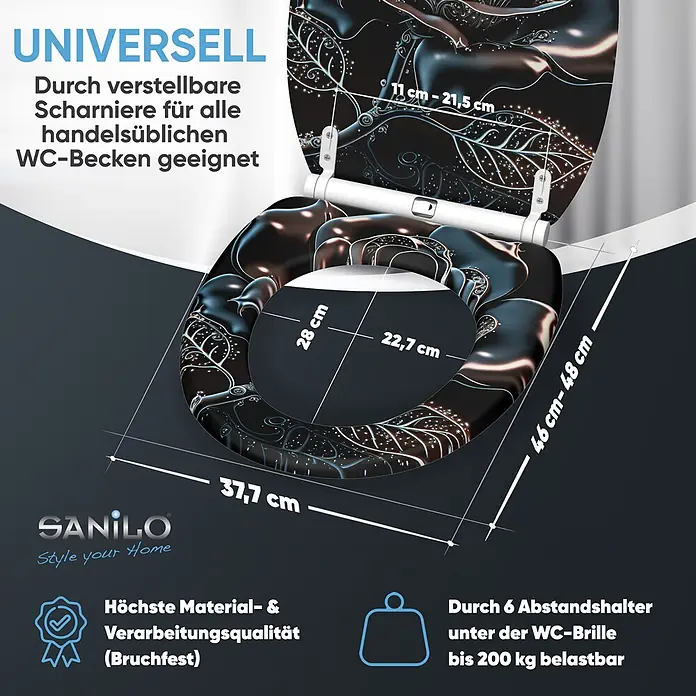 SANILO WC-Sitz Black Rose mit Schnellverschluss - MDF, Schwarz, Mit Absenkautomatik - Elegante schwarze WC-Sitz mit silbernem Blattmuster, verstellbaren Scharnieren für universelle Passform und bruchfester Qualität.