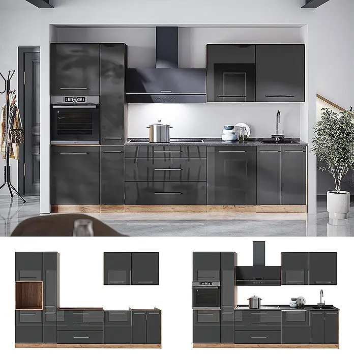 Vicco Küchenzeile - Anthrazit Hochglanz, Ohne Elektrogeräte - Moderne dunkelgraue Hochglanzküche mit integriertem Backofen, Kochfeld und Spüle in zeitgemäßem Ambiente.
