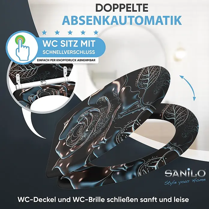 SANILO WC-Sitz Black Rose mit Schnellverschluss - MDF, Schwarz, Mit Absenkautomatik - Dunkler WC-Sitz mit abstraktem Muster, doppelter Absenkautomatik und Schnellverschluss.