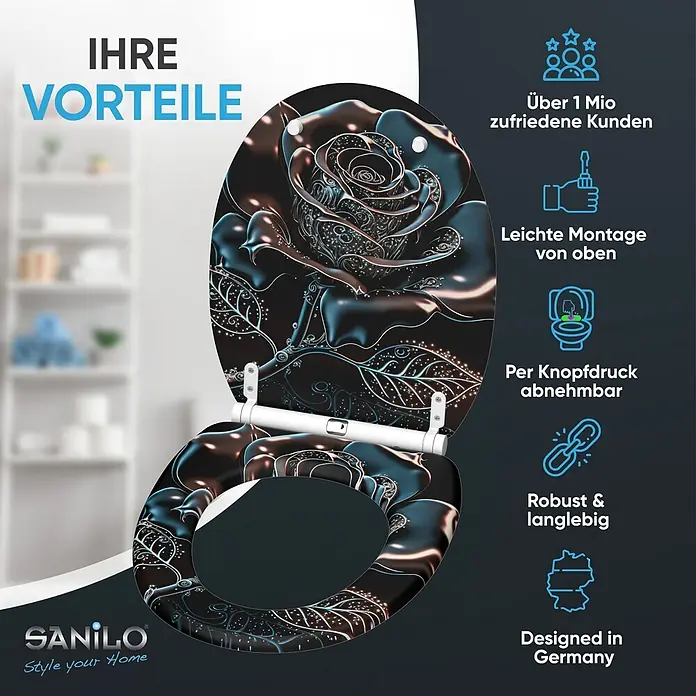 SANILO WC-Sitz Black Rose mit Schnellverschluss - MDF, Schwarz, Mit Absenkautomatik - Schwarzer Toilettensitz mit glänzendem, metallischem Rosen- und filigranem Blumendesign.