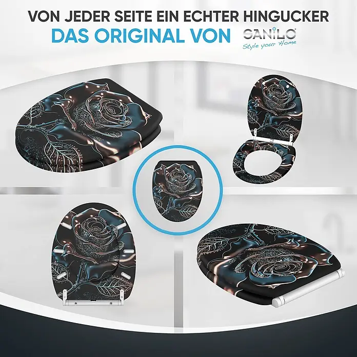 SANILO WC-Sitz Black Rose mit Schnellverschluss - MDF, Schwarz, Mit Absenkautomatik - Schwarzer Toilettensitz mit glänzendem metallisch blau-kupfernem Rosendesign.