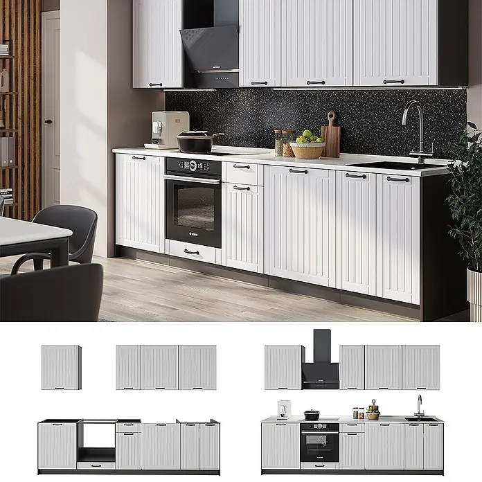 Vicco Küchenzeile - Breite: 280 cm, Weiß Landhaus, Ohne Elektrogeräte - Weiße Küchenschränke mit Lamellenfronten und schwarzen Griffen, in einer modernen Küche mit dunkler Rückwand und integrierten Geräten.