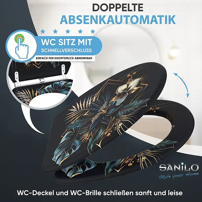 SANILO WC-Sitz Goldfera mit Schnellverschluss - MDF, Blau, Gold, Mit Absenkautomatik - Dunkler WC-Sitz mit tropischem Design, doppelter Absenkautomatik und Schnellverschluss.