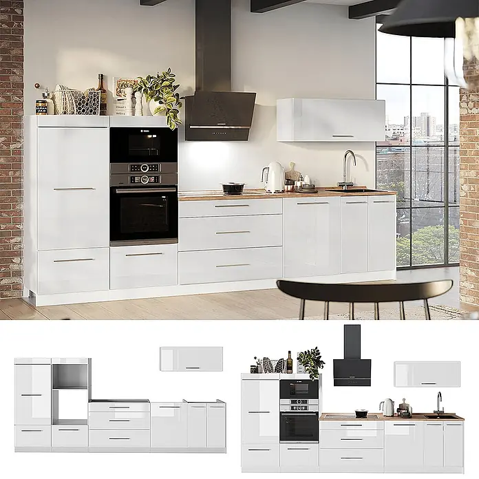 Vicco Küchenzeile - Weiß Hochglanz, Ohne Elektrogeräte - Moderne weiße Hochglanz-Küchenzeile mit Holzarbeitsplatte, integrierten Öfen, Spüle und Kochfeld, in modernem Apartment.
