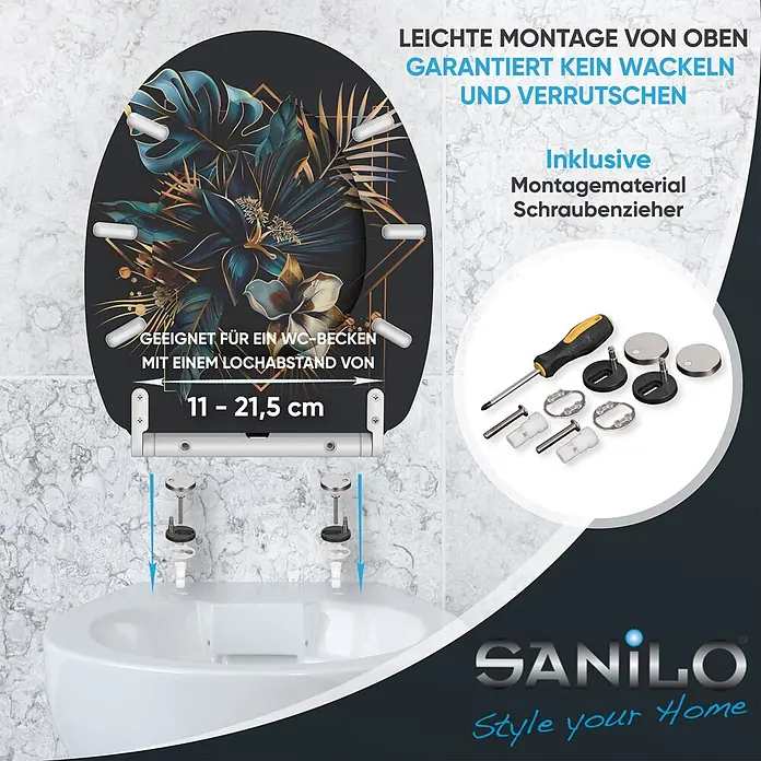 SANILO WC-Sitz Goldfera mit Schnellverschluss - MDF, Blau, Gold, Mit Absenkautomatik - Schwarzer Toilettensitz mit tropischem Blätterdesign, Montage von oben mit verstellbarem Lochabstand (11-21,5cm) und Befestigungsmaterial.