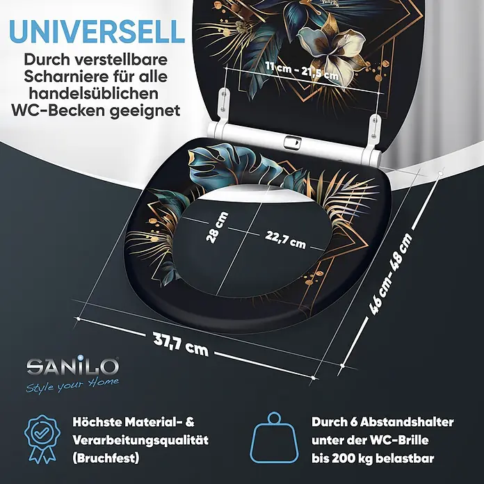 SANILO WC-Sitz Goldfera mit Schnellverschluss - MDF, Blau, Gold, Mit Absenkautomatik - Schwarzer WC-Sitz mit tropischem Muster, verstellbaren Scharnieren und Maßen, betont universelle Passform und 200 kg Traglast.
