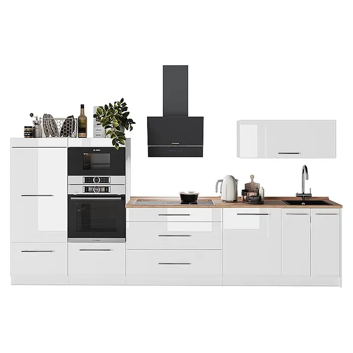 Vicco Küchenzeile - Weiß Hochglanz, Ohne Elektrogeräte - Moderne Hochglanzküche in Weiß mit Holzdekor-Arbeitsplatten, integrierten Geräten und schwarzer Dunstabzugshaube.