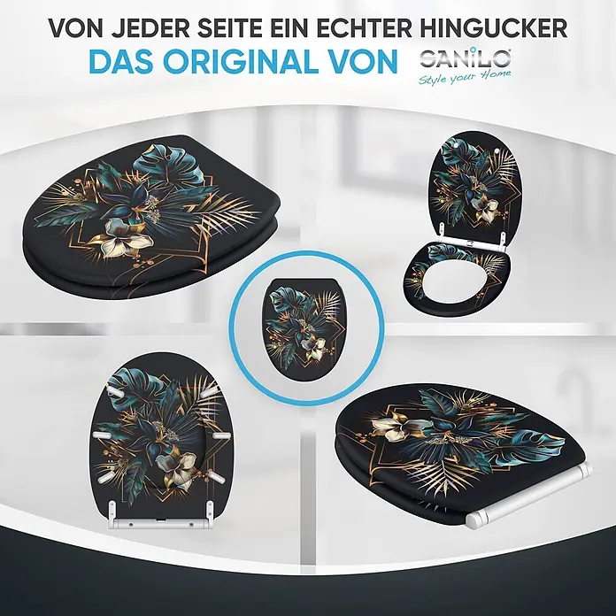SANILO WC-Sitz Goldfera mit Schnellverschluss - MDF, Blau, Gold, Mit Absenkautomatik - Eleganter schwarzer Toilettensitz mit tropischem Blumen- und geometrischem Goldmuster, von verschiedenen Seiten gezeigt.