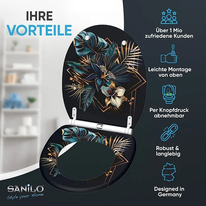 SANILO WC-Sitz Goldfera mit Schnellverschluss - MDF, Blau, Gold, Mit Absenkautomatik - Eleganter schwarzer WC-Sitz mit goldenem und blauem tropischem Pflanzenmuster.